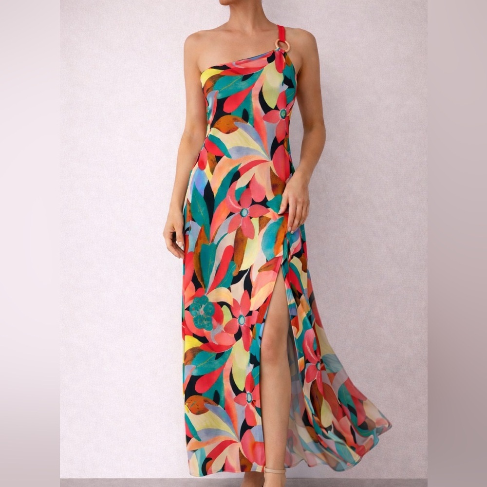 NWOT Forever 21 One-Shoulder Floral Statement Dress | Slit | Medium - Picture 3 of 3